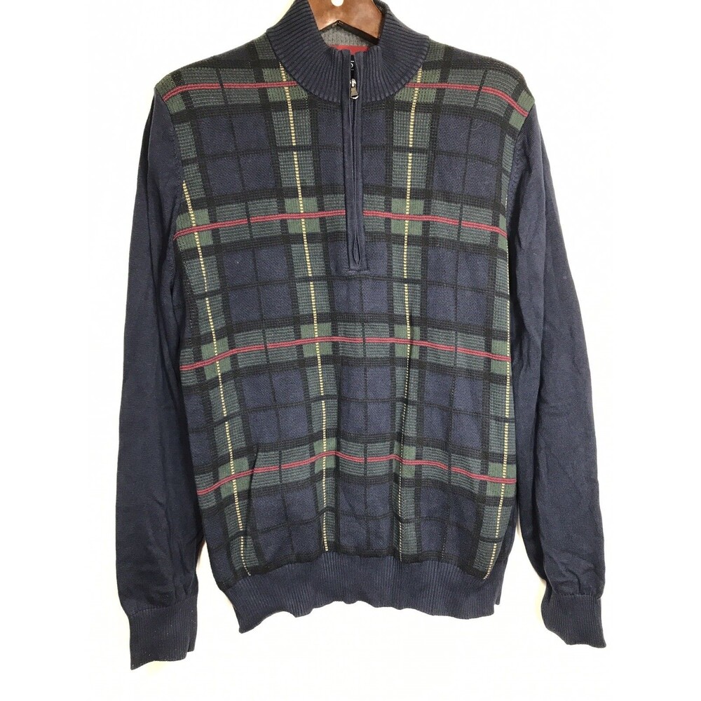Izod Mens 1/4 Zip Pullover Sweater Size Large Blue Green Plaid Long Sleeve Golf